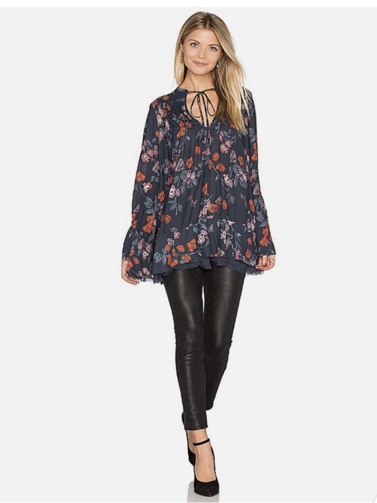 Free People Tops - Free People So Fine Pebble Crepe Smocked Tunic Navy Blue Blouse size L